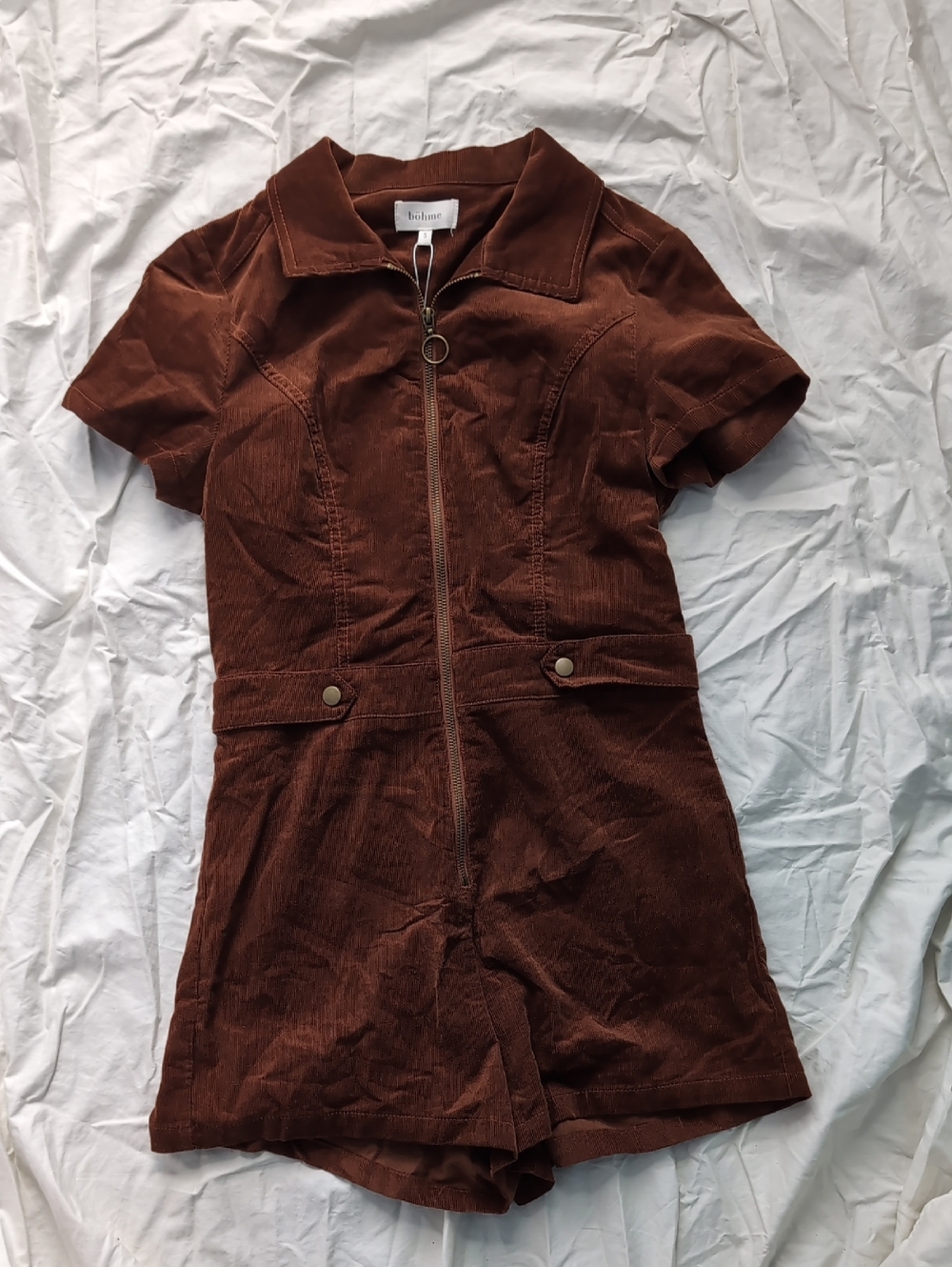 bohme Brown Corduroy Short Jumpsuit with Front Zip